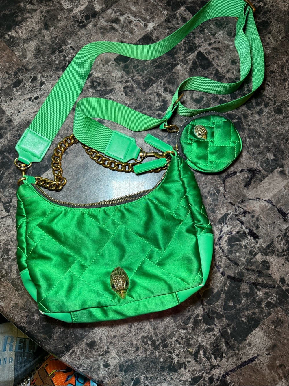Kurt Geiger Bright Green Quilted Satin Crossbody with Coin Pouch